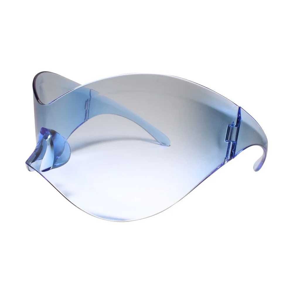 Modern Oversized Rimless Shield Wraparound Fashion Womens Blue Sunglasses